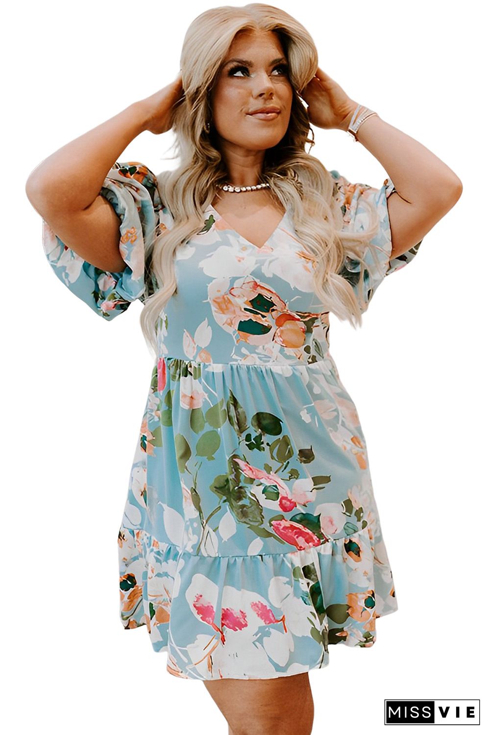 Sky Blue Floral Print Ruffled Puff Sleeve Plus Size Mini Dress