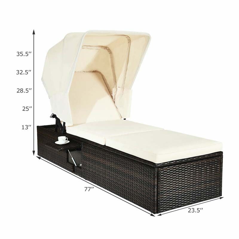 Cushioned Rattan Outdoor Chaise Lounge Chair Sun Lounger 5-Position with Folding Canopy & Flip-up Tea Table