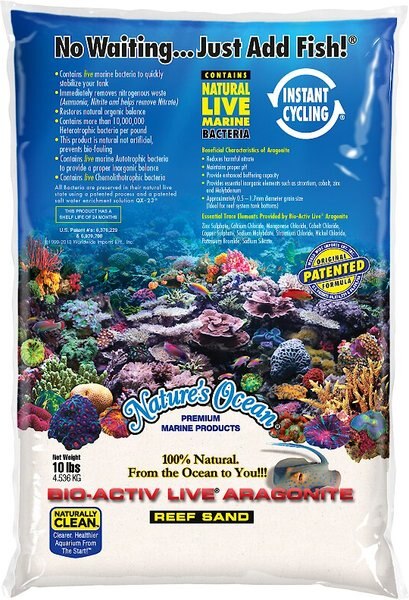 Nature's Ocean Bio-Activ Live Aragonite Saltwater Aquarium Sand， Natural White #0， 10-lb bag