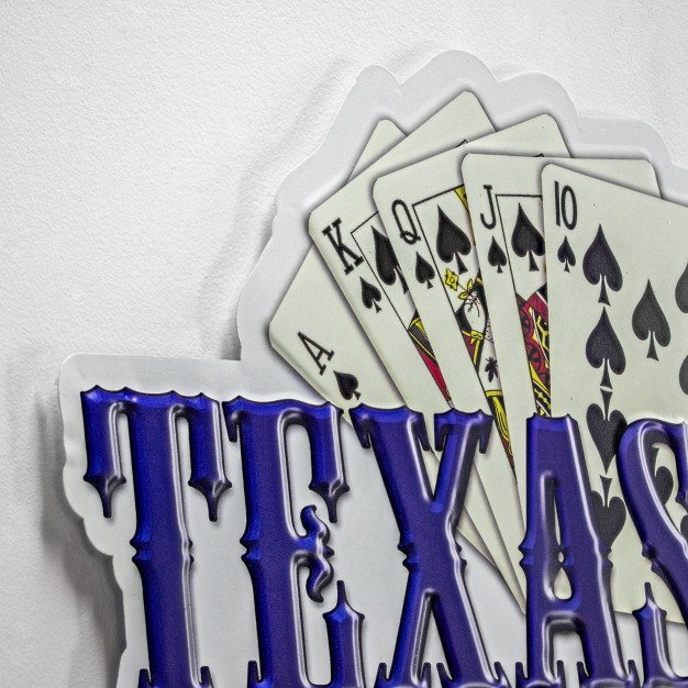 X 13 75 quot Texas Hold x27 em Embossed Metal Sign White red dark Blue American Art Decor