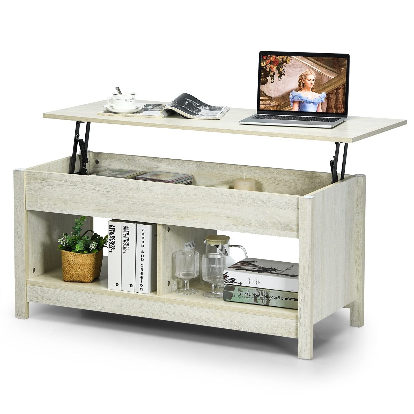 MAT Expert Lift Top Coffee Table， Coffee Tea Table w/Hidden Compartment and Storage Shelf - as picture