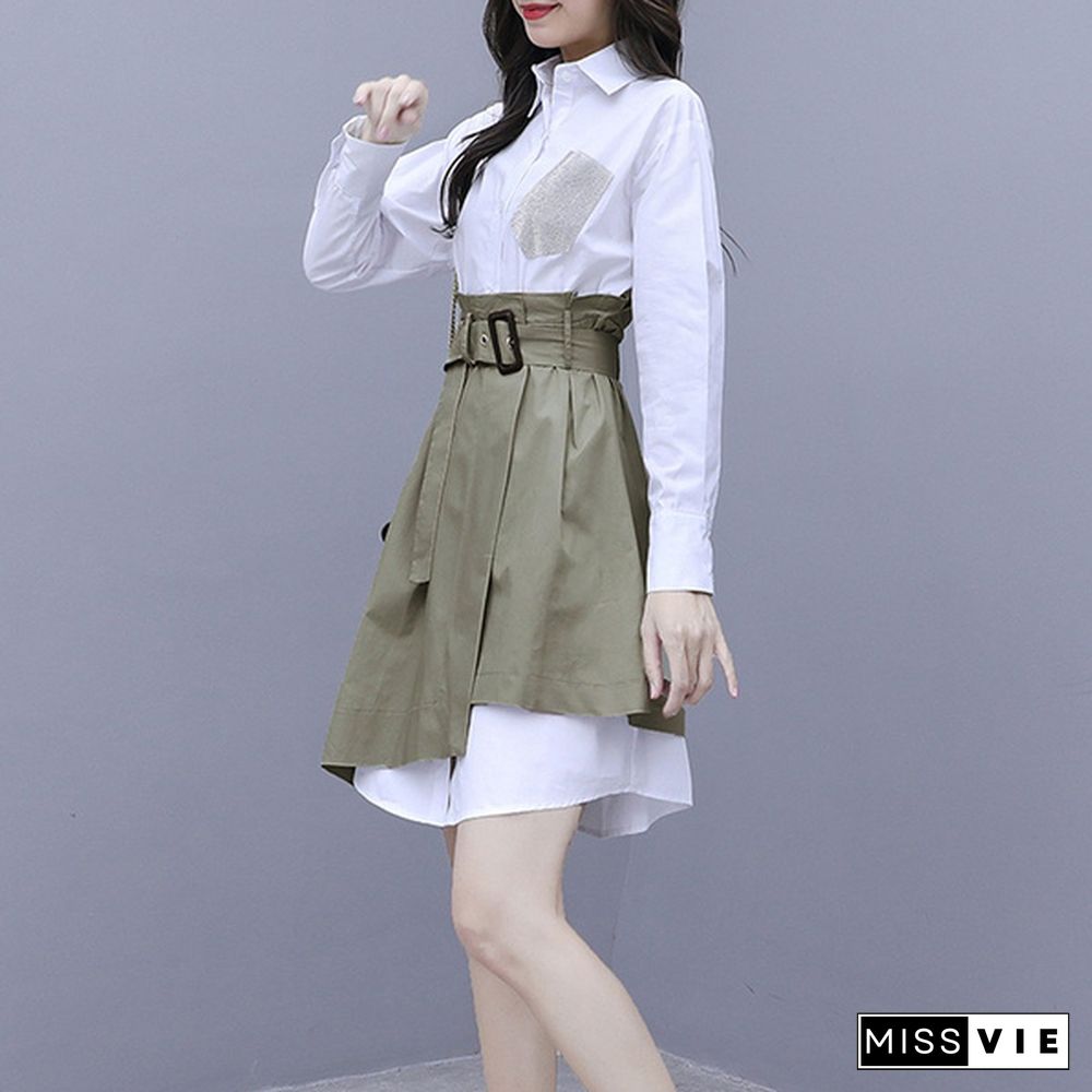 White Shirts Long Sleeve Dress Set Turn Down Collar Blouse + Irregular Skirt Women Fashion Outfits Office 2 Piece Set