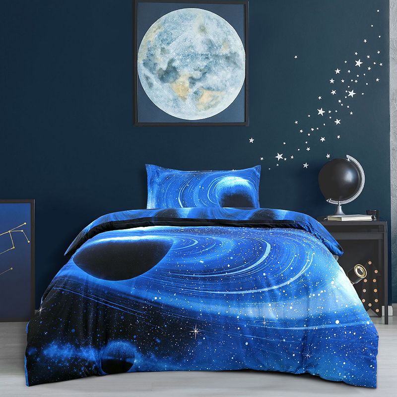 Star Sky Moon Night Duvet Cover Navy Blue 3pcs Twin