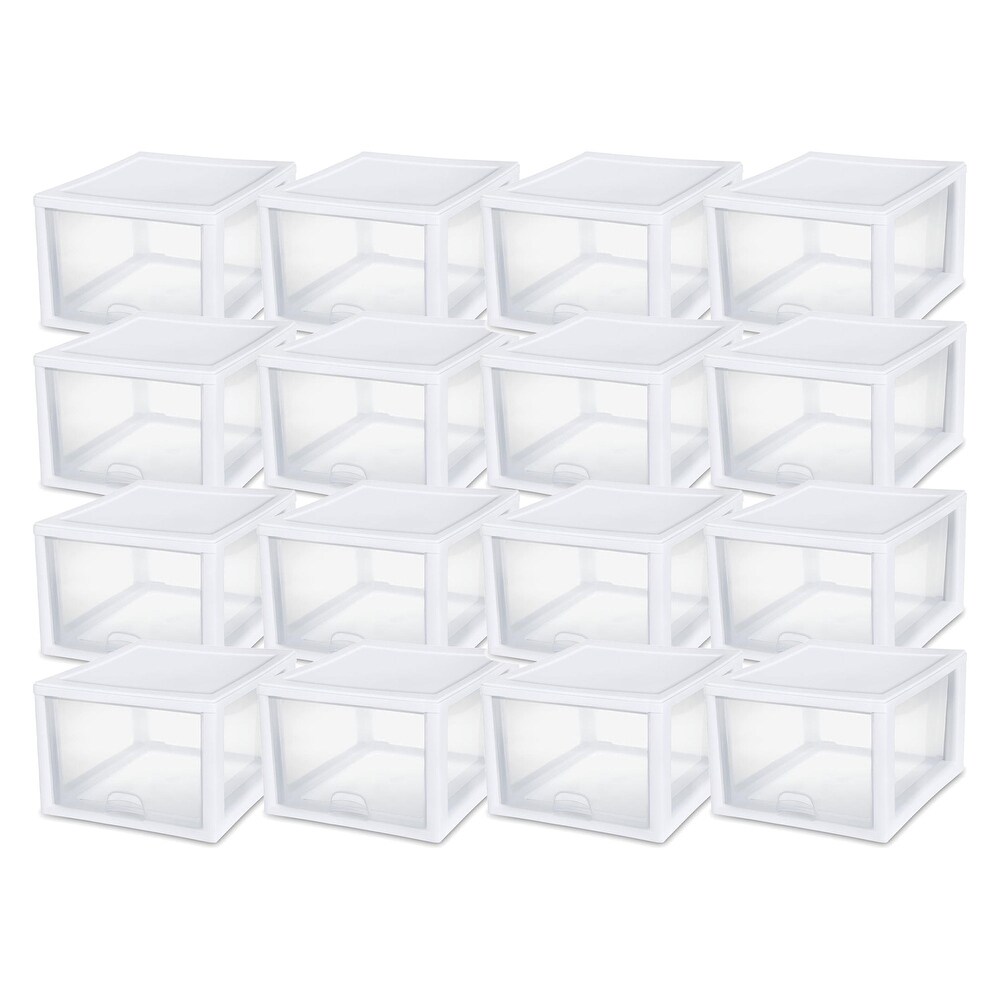 Sterilite 27 Quart Clear   White Plastic Storage Bin with One Drawer  16 Pack   4