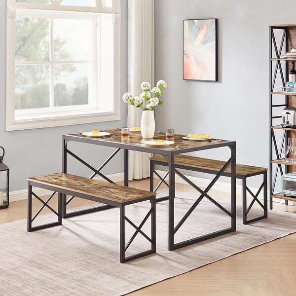 3-Piece Dining Set with Wood Table and 2 Benches