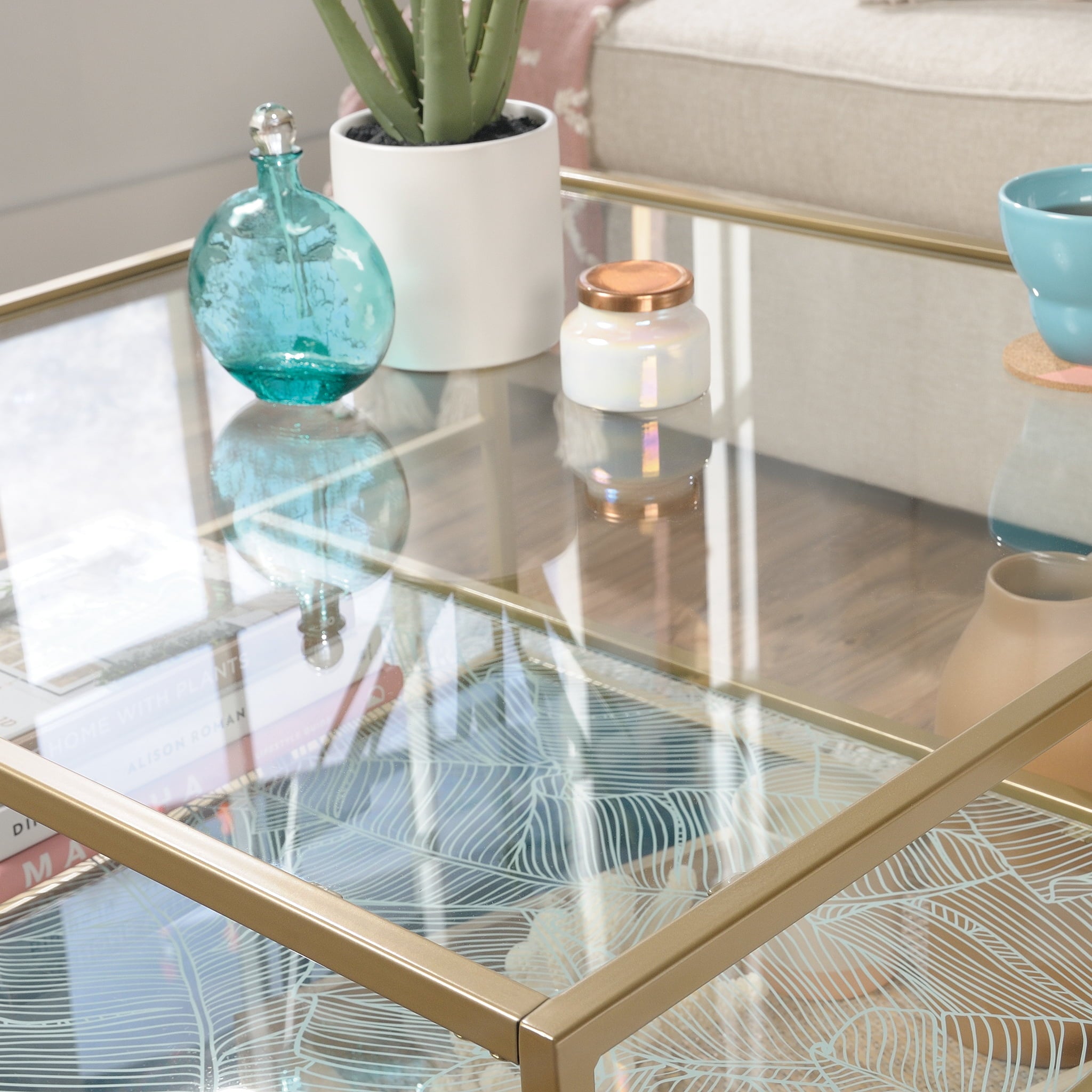 Sauder Coral Cape Square Glass Coffee Table with Shelves, Satin Gold/Clear