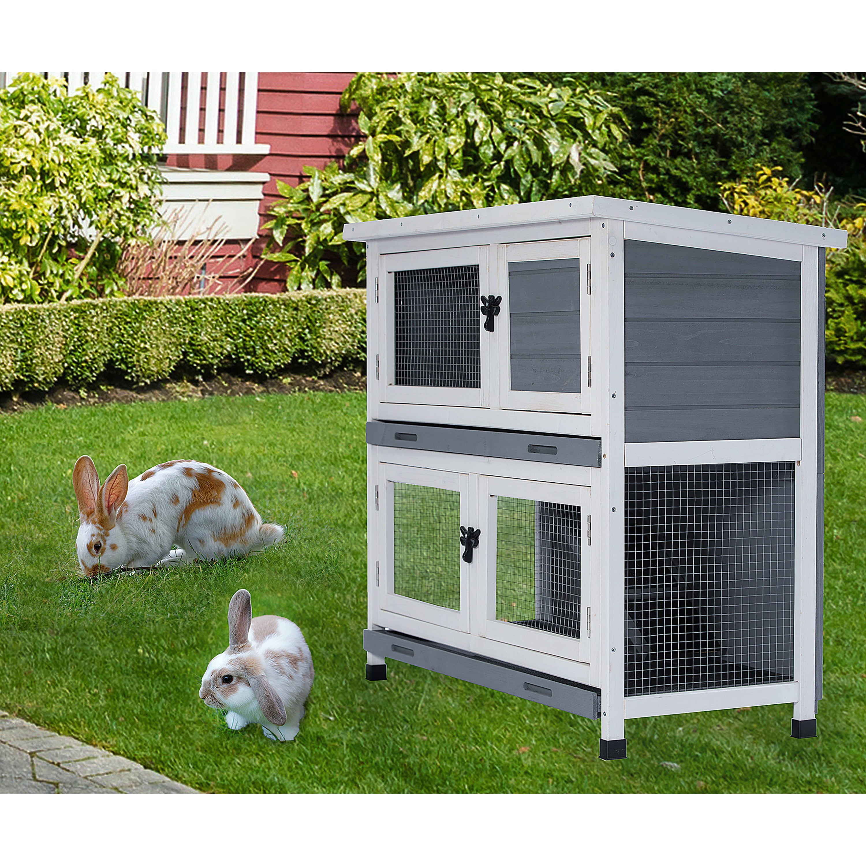 Rabbit Hutch Indoor and Outdoor Use， Two-Tier Animal Hutch with Flip-up Roof