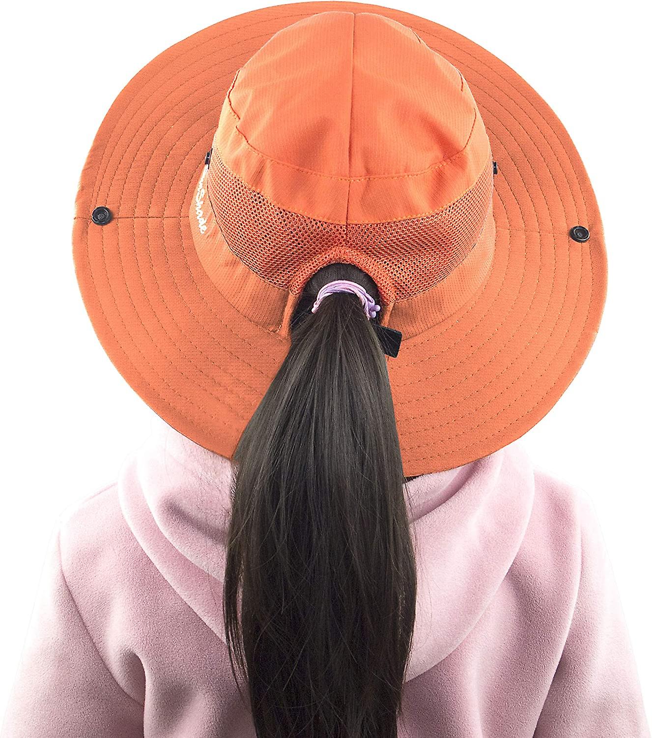 Kids Girls Ponytail Summer Sun Hat Wide Brim Uv Protection Bucket Cap