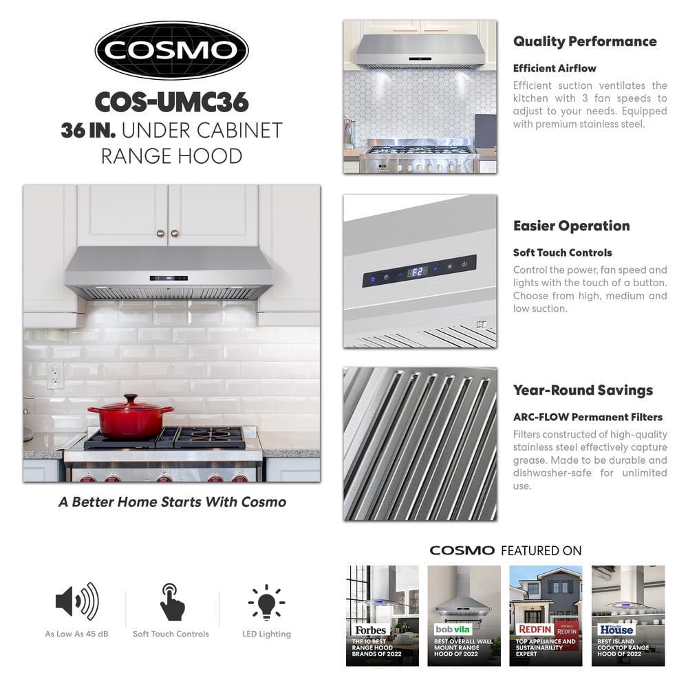 Cosmo 36 in Ducted Under Cabinet Range Hood in Stainless Steel with Touch Display and Permanent Filters