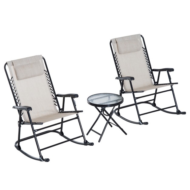 Outsunny 3 Piece Outdoor Rocking Bistro Set Patio Folding Chair Table Set With Glass Coffee Table For Yard Patio Deck Backyard