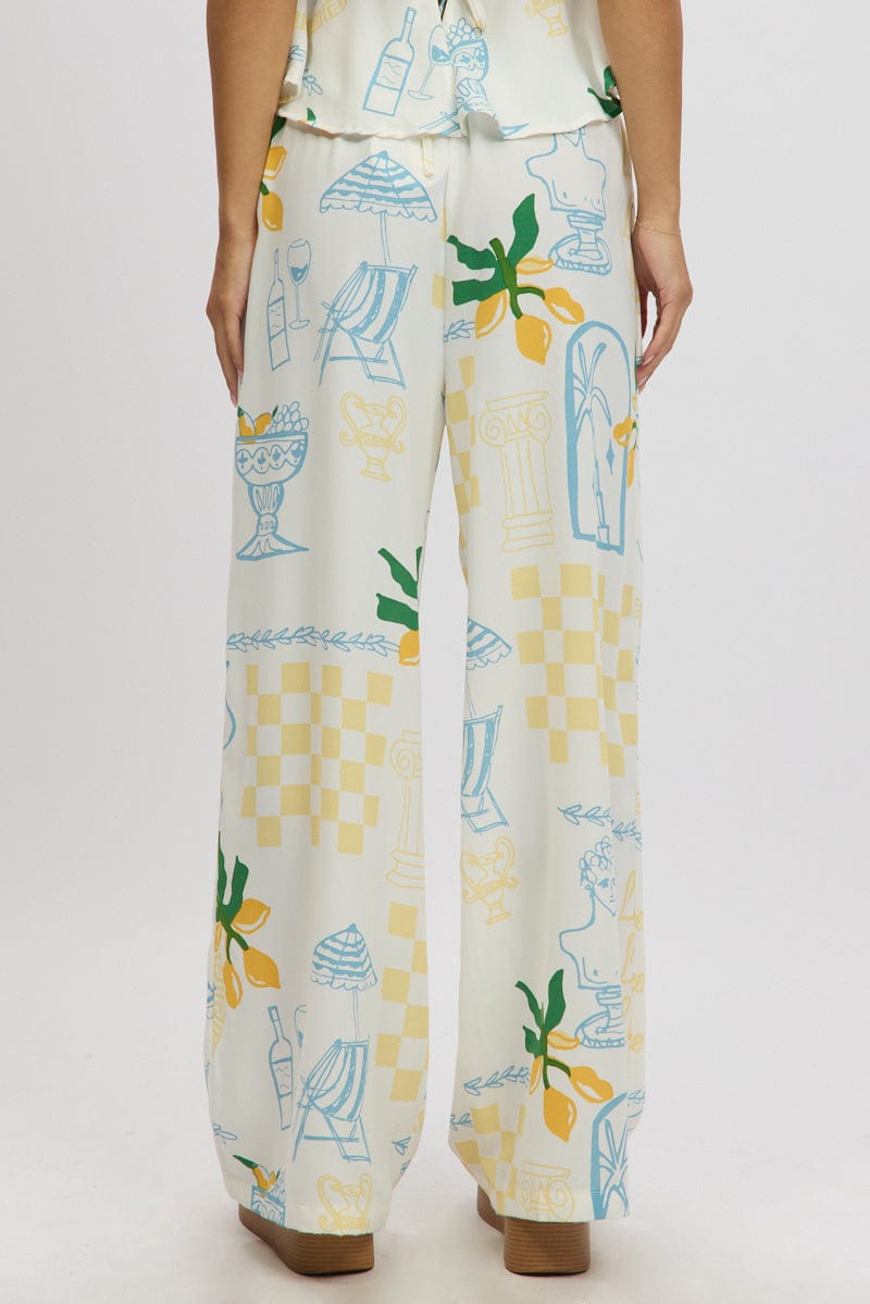 Yellow Abstract Wide Leg Pants High Rise