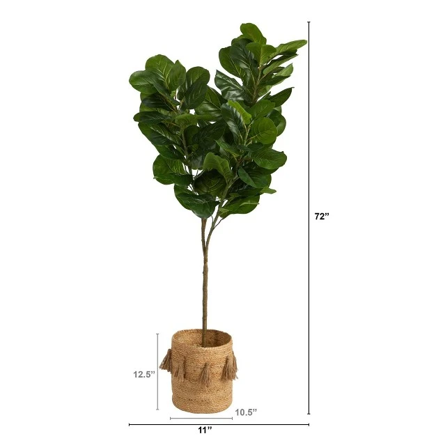 Nearly Natural 6-ft Fiddle Leaf Fig Artificial Tree In Handmade Natural Jute Planter With Tassels