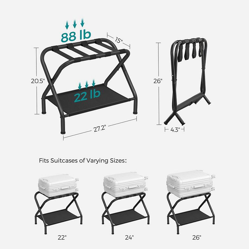 Luggage Rack with Storage Shelf， Suitcase Stand， Steel Frame， Foldable