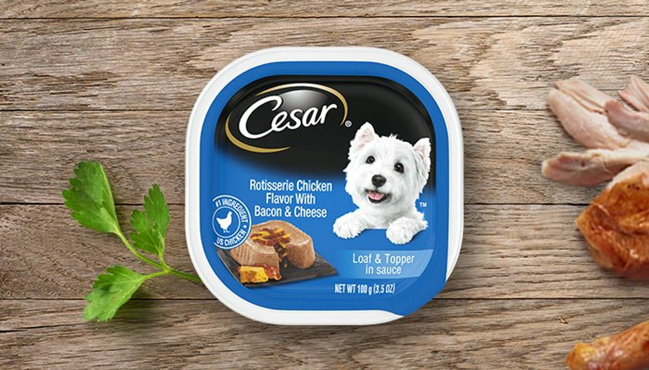 Cesar Rotisserie Chicken With Bacon and Cheese Loaf and Topper In Sauce Wet Dog Food， 3.5 Oz.