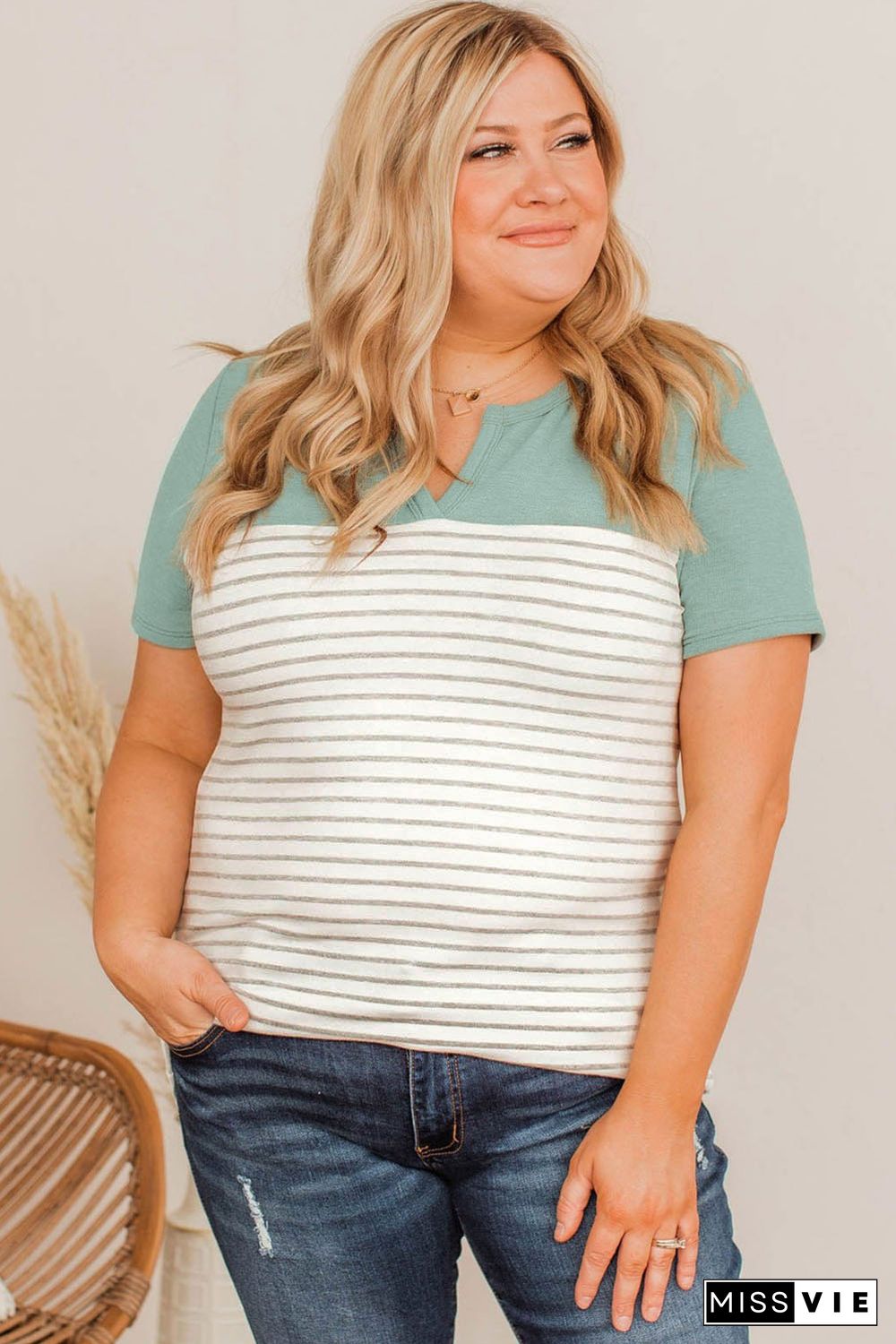 Green Contrast Striped Plus Size Short Sleeve Tee