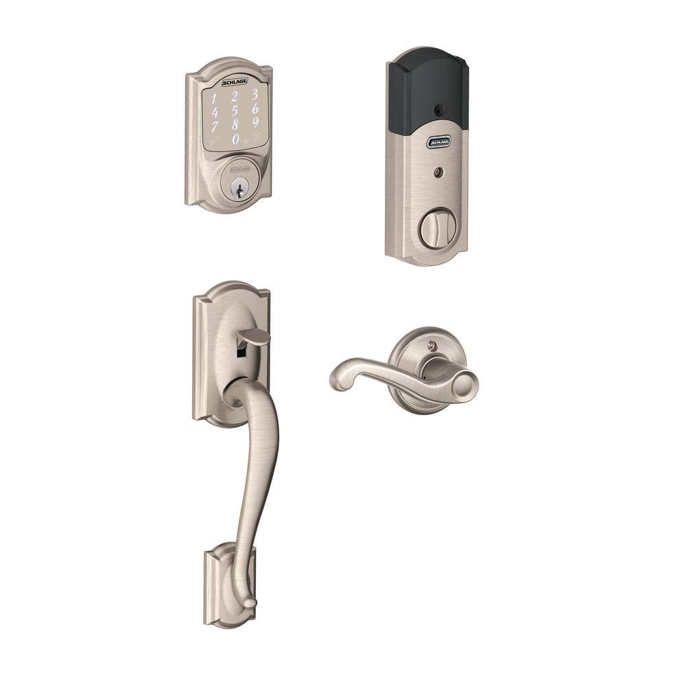 Schlage Camelot Satin Nickel Sense Smart Door Lock with Right Handed Flair Lever Door Handleset BE479AA V CAM 619 + FE285 CAM 619 FLA RH