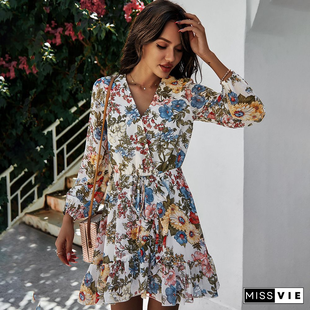 Women's Spring Summer Dresses Boho V-neck Long Sleeve Floral Print Mini Lace Up Dress Elegant Women Office Lady Vestidos