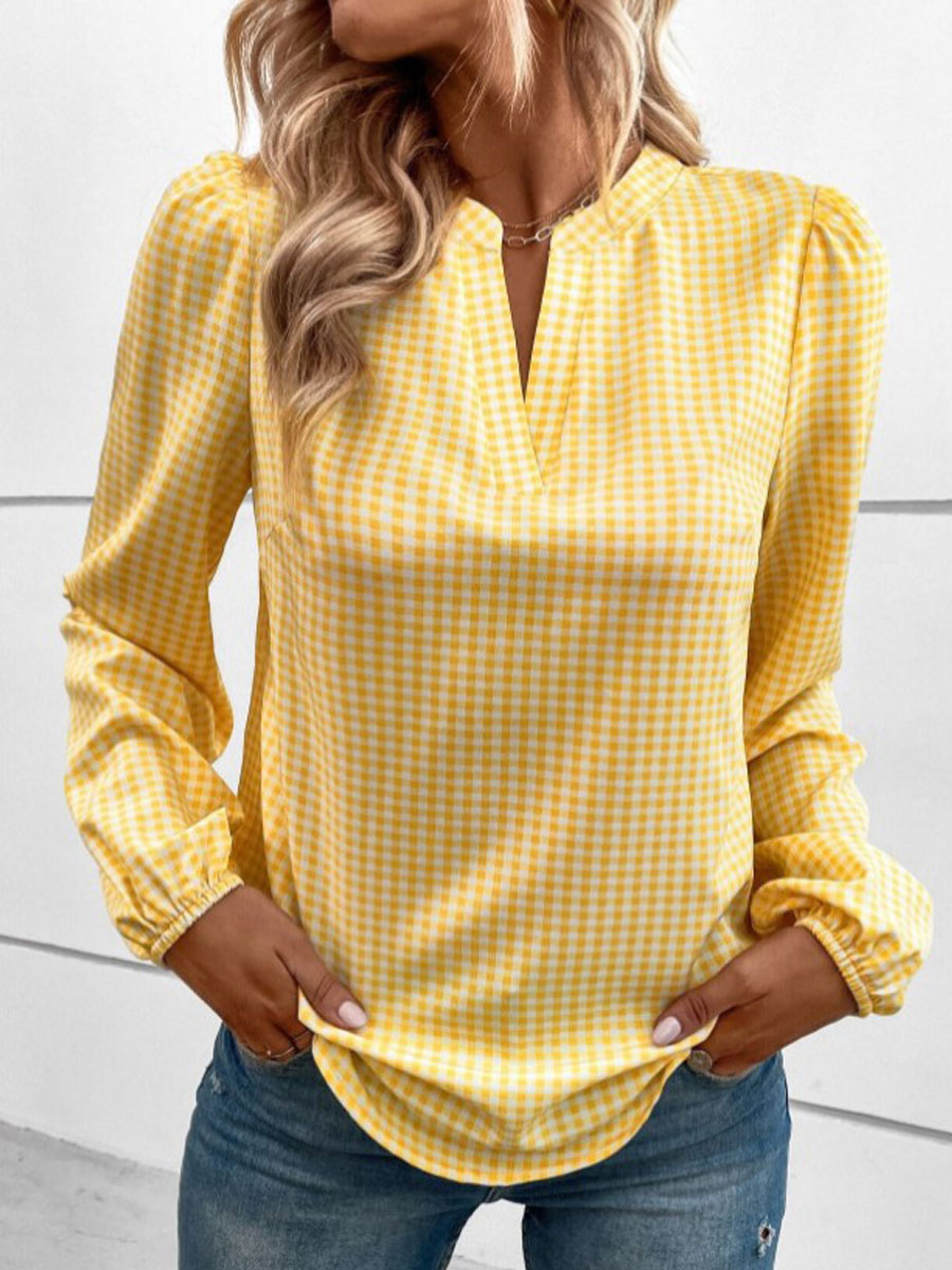 V-neck Casual Loose Check Print Long Sleeve Blouse