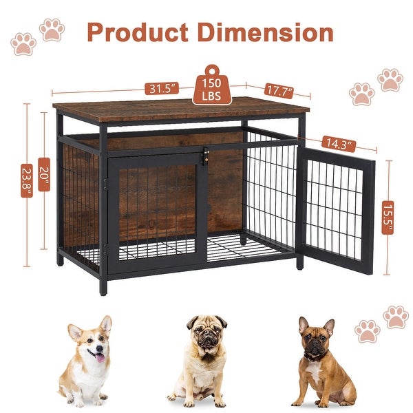 Dog Crate Furniture with Double Doors， Wooden Dog Crate， Indoor Dog Kennel w/ Metal Wire Mesh， Pet Crate End Table