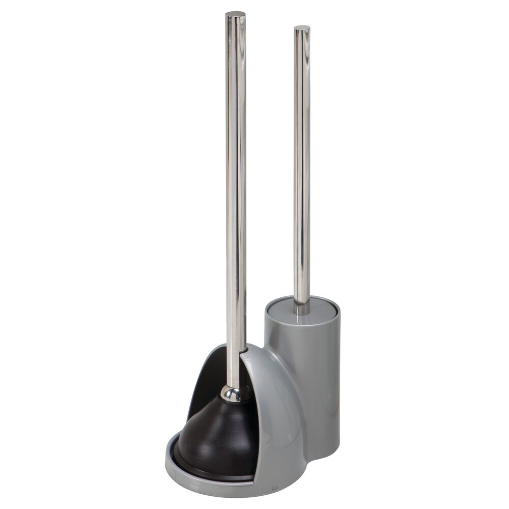 mDesign Compact Plastic Toilet Bowl Brush and Plunger Combo Set with Holder - Caddy for Bathroom Storage - Sturdy， Heavy Duty， Deep Cleaning - Silver/Brushed