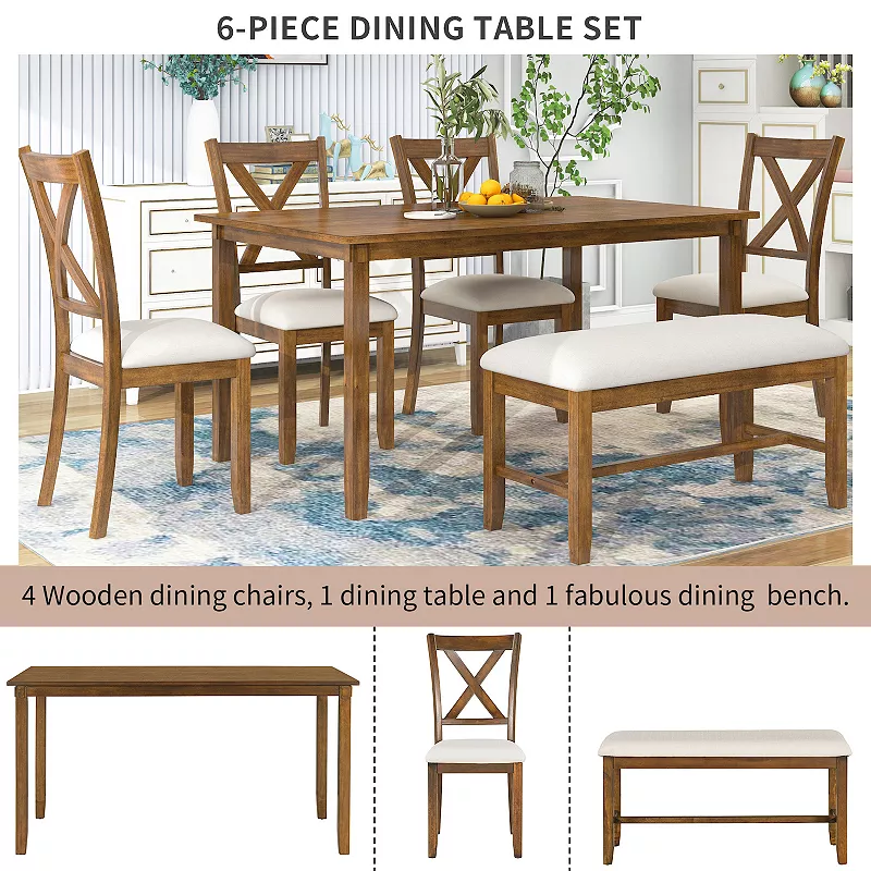 Merax 6-Piece Kitchen Dining Table Set Wooden Rectangular Dining Table， 4 Fabric Chairs and Bench Family Furniture