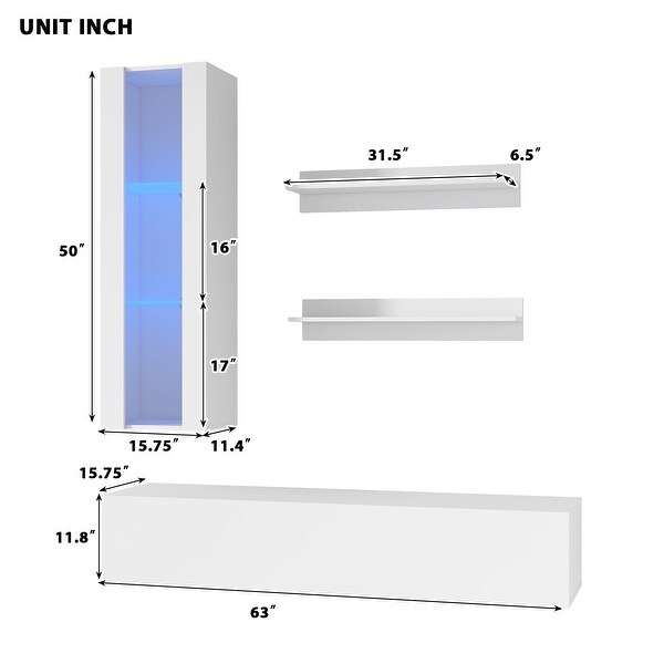 4-Piece Wall Mount Floating TV Stand with Media Storage Cabinet， Modern High Gloss RGB Entertainment Center up to 70+ Inch TV