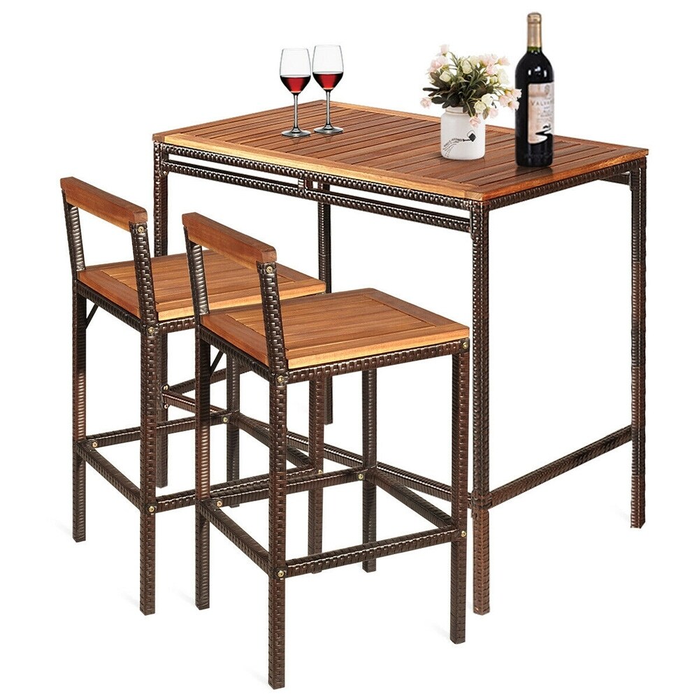 3PCS Acacia Wood Steel Frame Patio Rattan Wicker Bar Dining Set