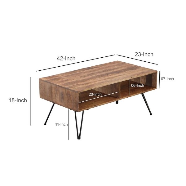 42 Inch Handcrafted Mango Wood Coffee Table with Metal Hairpin Legs