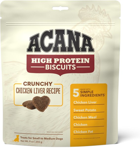 ACANA High-Protein Biscuits Grain-Free Chicken Liver Recipe Small/Med Breed Dog Treats， 9-oz bag