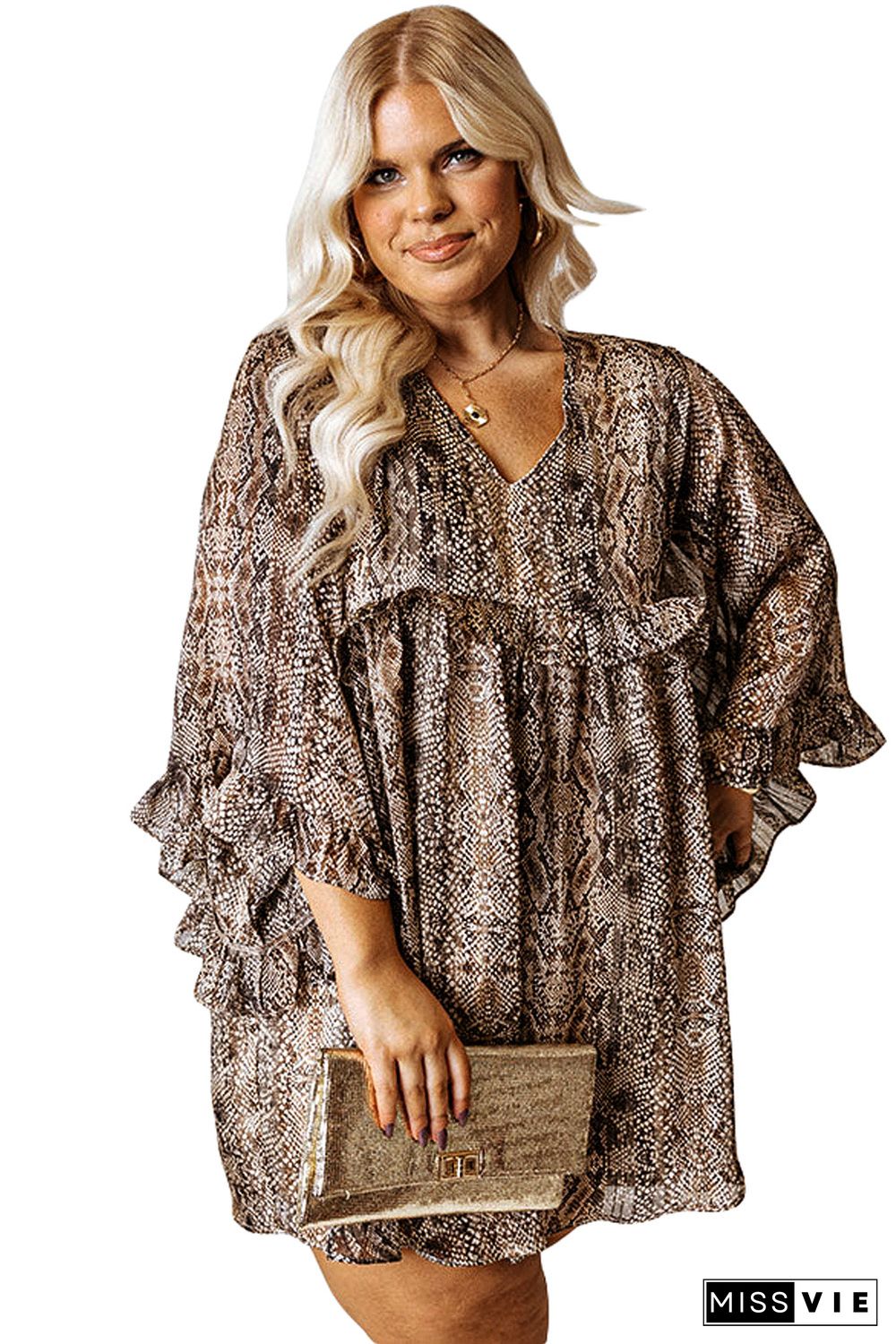 Brown Snake Print Crinkle Plus Size Dress