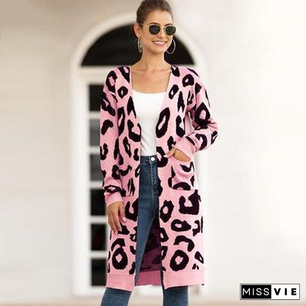 Veste Femme Loose Sweater Coats Autumn Winter Sweater Overcoat Leopard Cardigan Casual Knitwear Jacket Women Knit Long Coat