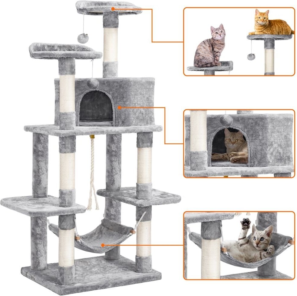 Yaheetech 58-in Plush Cat Tree and Condo， Light Gray