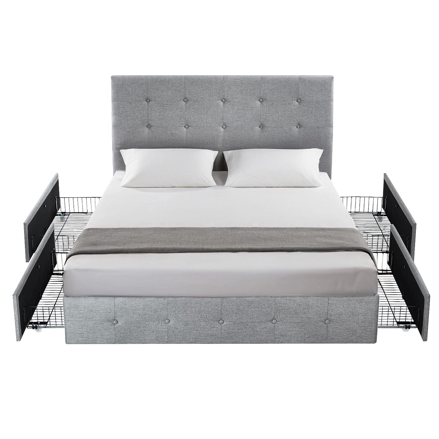 Upholstered Bed Frame with 4 Drawers Storage and Headboard with Wood Slat Support, No Box Spring Needed