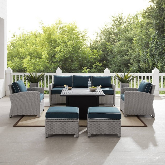 Bradenton 6pc Outdoor Wicker Sofa And Arm Chair Seating Set With Dante Fire Table And 2 Ottomans Navy gray Crosley