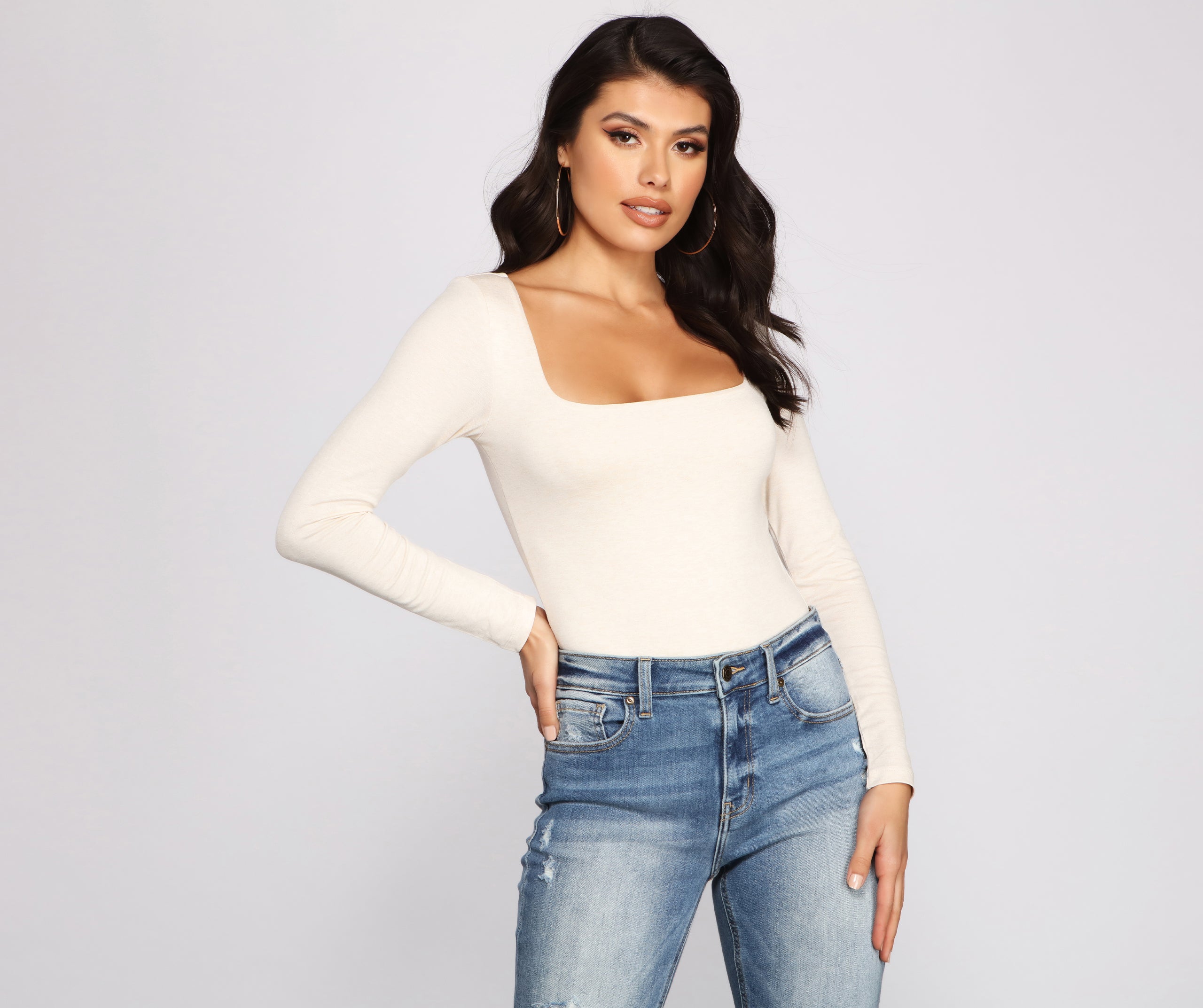 Square Neck Long Sleeve Knit Bodysuit