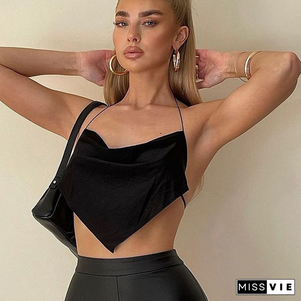 Summer Women Crop Tops Black Halter Camisole Triangle Hem Backless Vest Clothes Streetwear Cropped Feminino