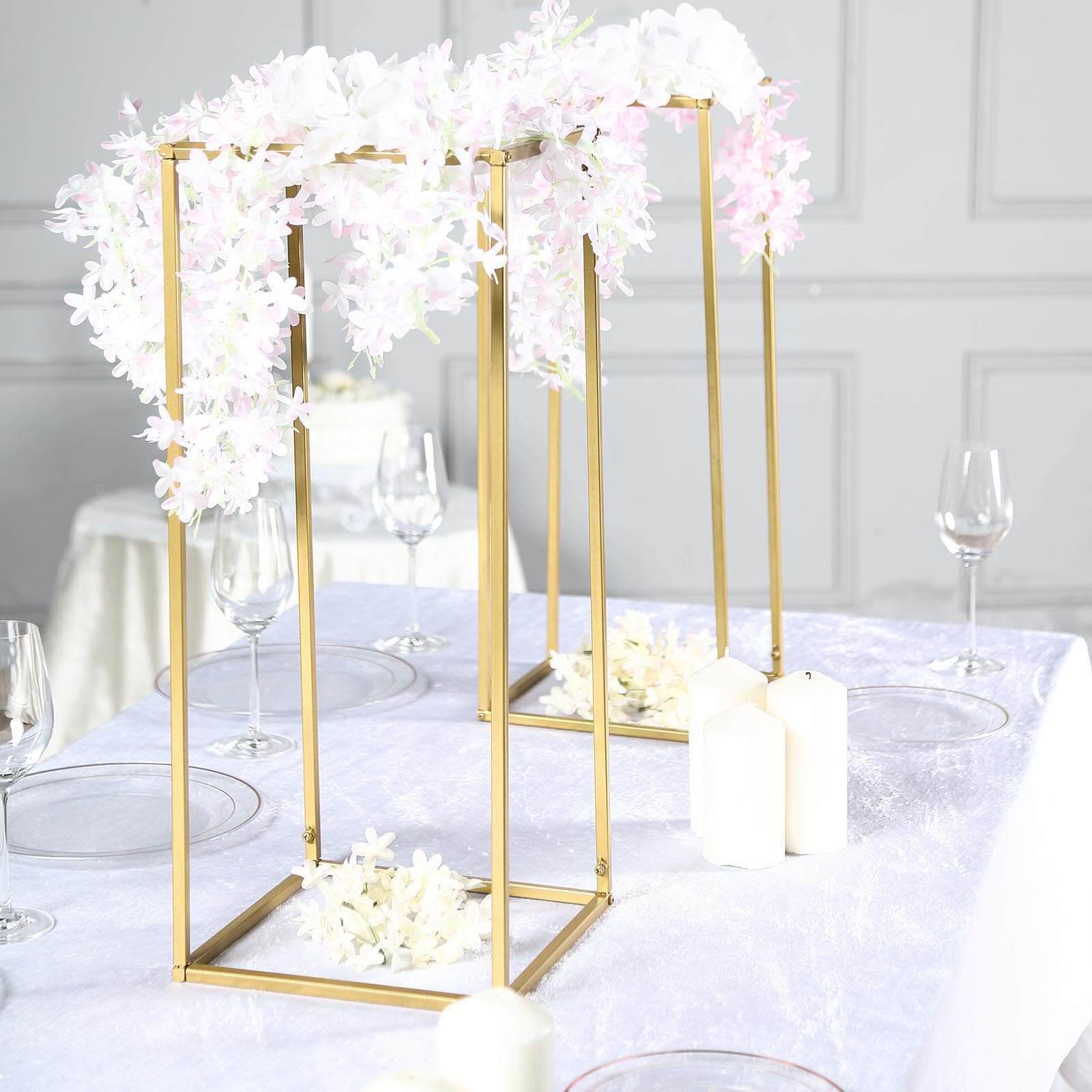 2 Pack Rectangular Gold Metal Wedding Flower Stand, Geometric Column Frame Centerpiece 24