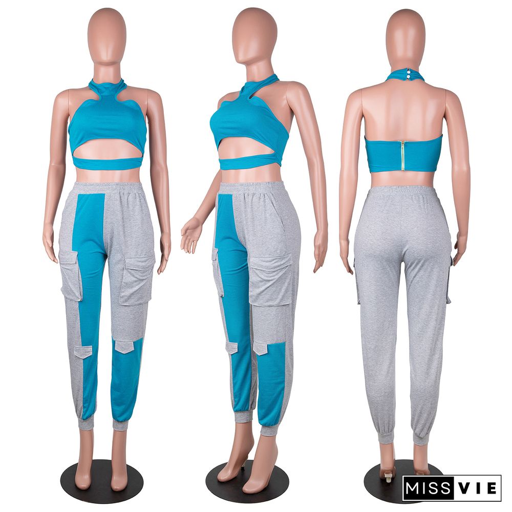 Women Summer Sexy Backless Halter Crop Top Contrast Color Splicing Overalls Club Party 2 Piece Pants Set