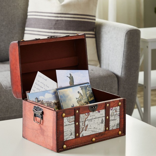 Juvale Set Of 3 Small Wooden Storage Trunks And Chests Living Room D cor Suitcases With Antique Map Print For Jewelry 3 Sizes