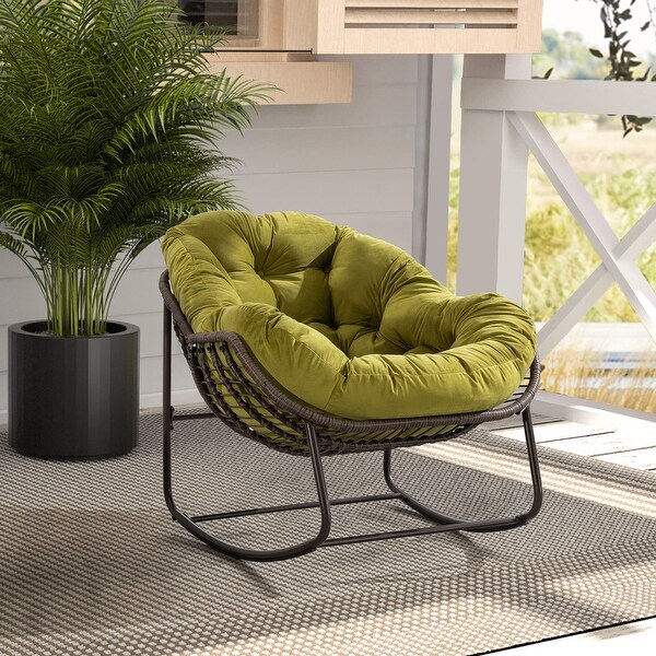 Outdoor Papasan Chair Handwoven Rattan Rocking Chair Oversized Rocker Recliner Chair Curved Patio Rocking Chair