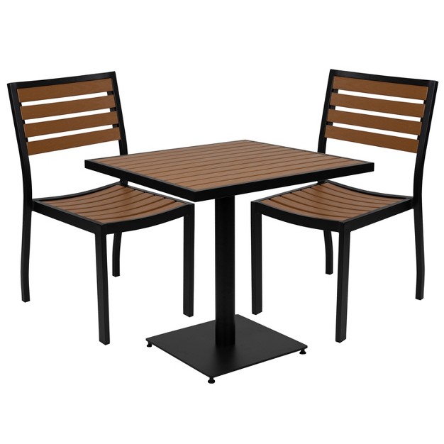 Flash Furniture Lark Outdoor Patio Bistro Dining Table Set With 2 Chairs And Faux Teak Poly Slats