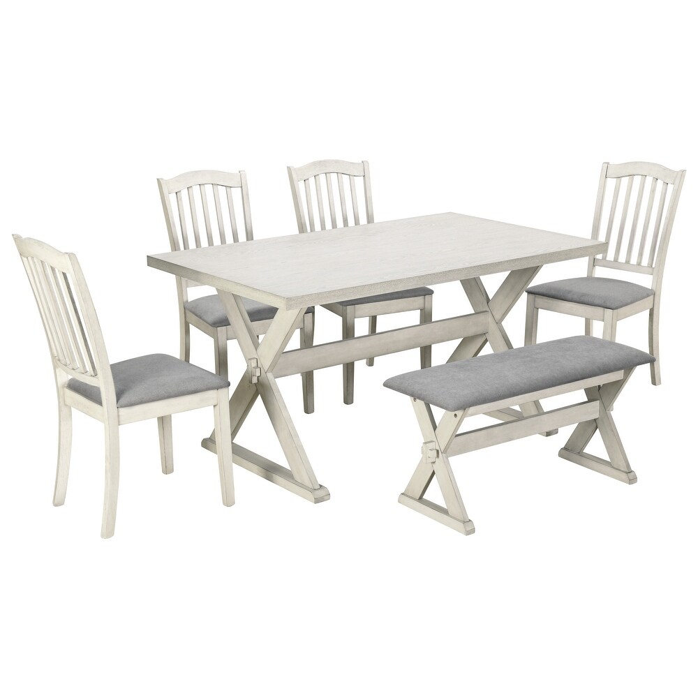 Rectangular 6 Piece Wood Dining Table Set 6 Person Dining Set with X Cross Legs and Bench Seating for Dining Room