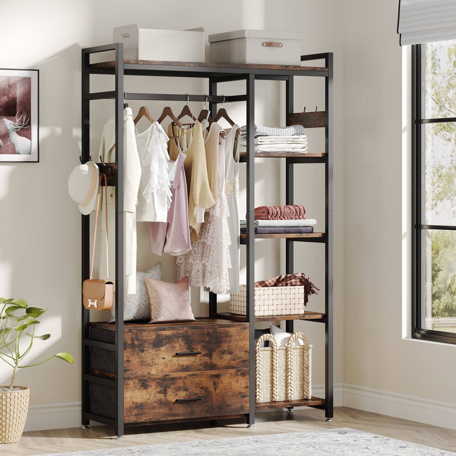 Freestanding Closet Organizer, Garment Rack with 2 Fabric Drawers