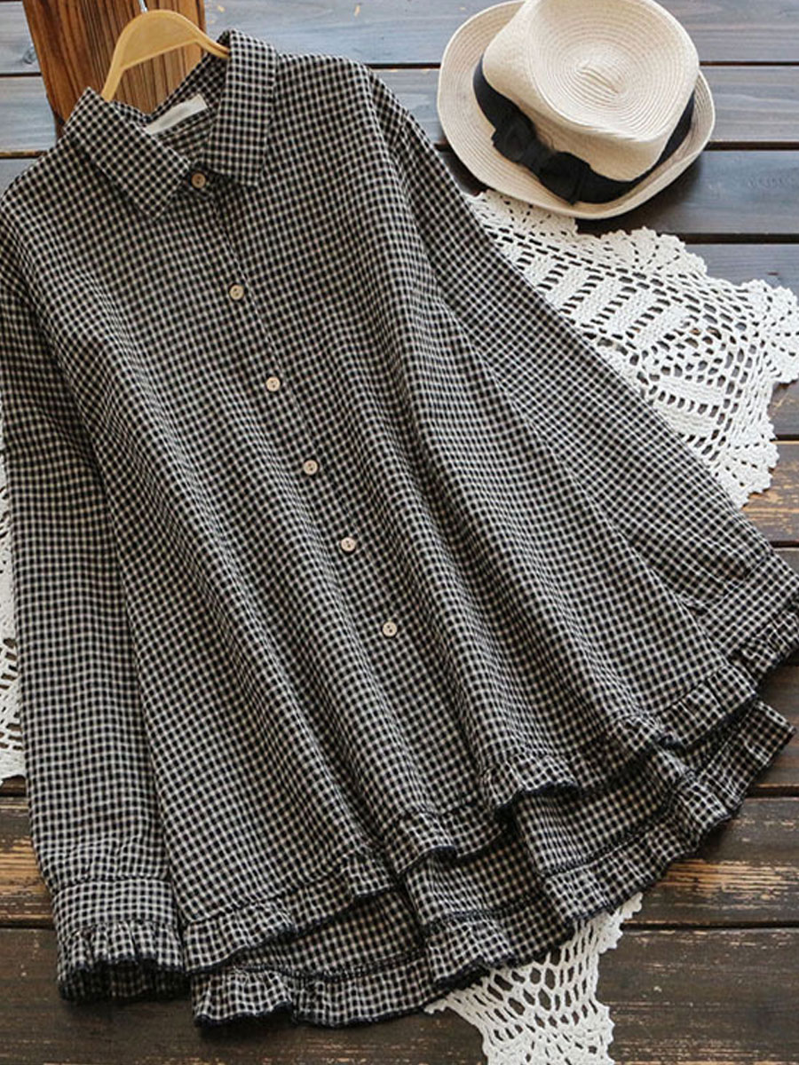 Cotton And Linen Ruffled Plaid Lapel Long-sleeved Blouse