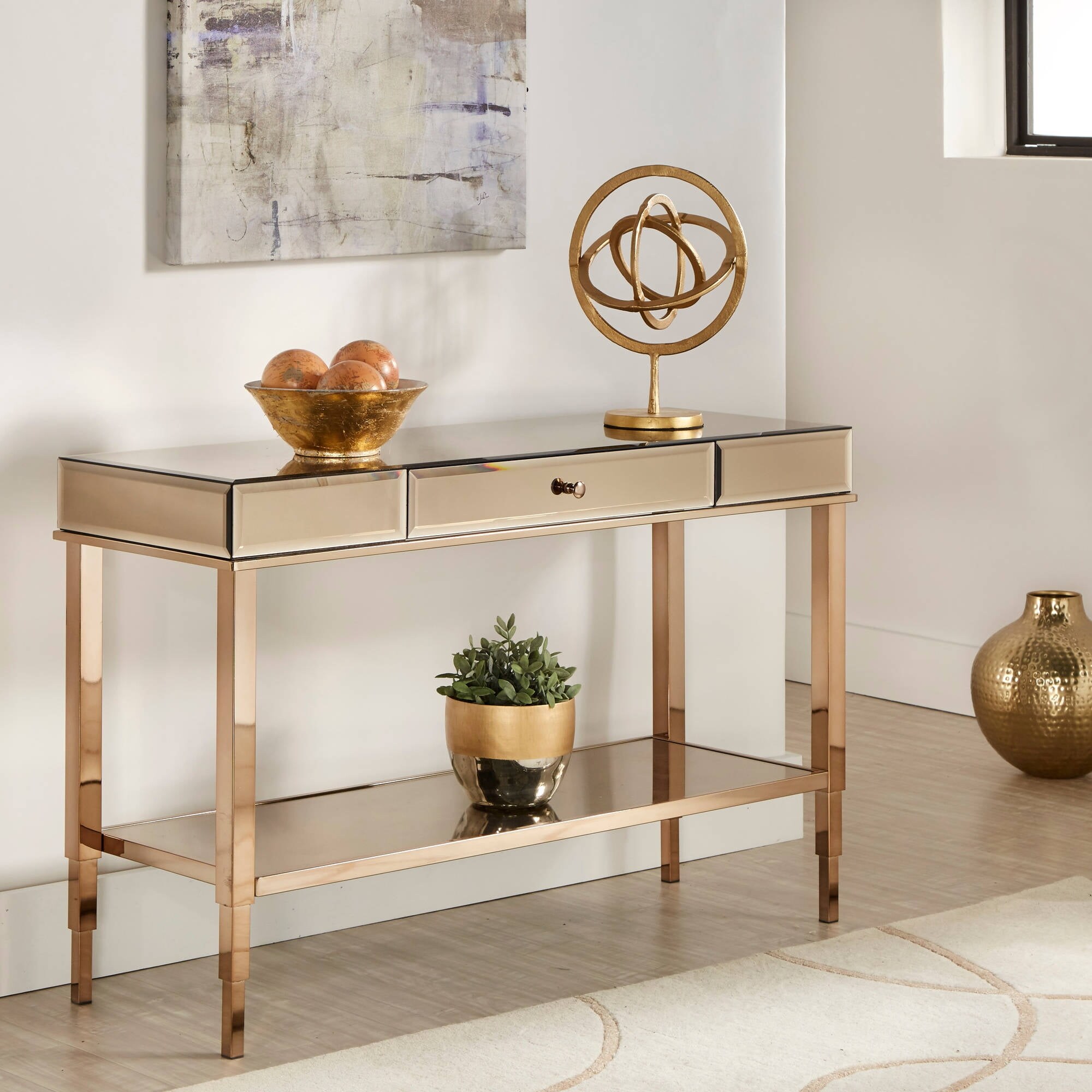 Chelsea Lane Pacey Mirrored Sofa Table with Metal Frame， Champagne Gold