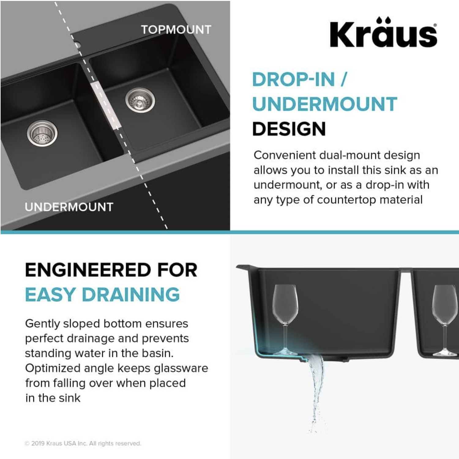 Kraus 33 Inch Dual Mount 50/50 Double Bowl Granite Kitchen Sink w/Topmount and Undermount Installation in Black Onyx