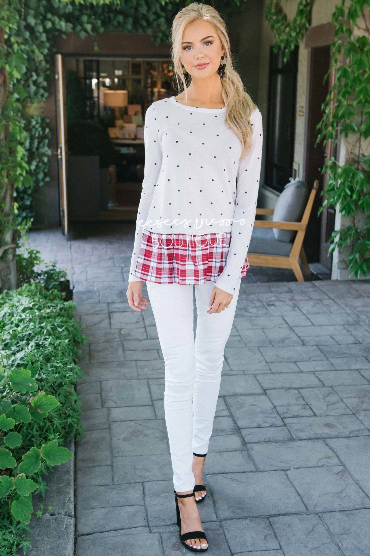 Plaid Ruffle Hem Polka Dot Sweater