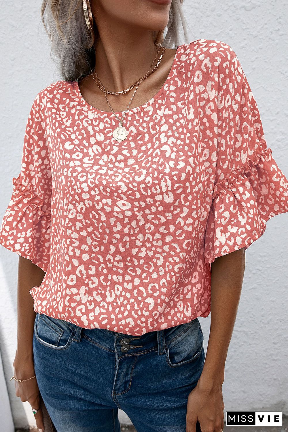 Pink Leopard Spotted Ruffle Sleeve T-Shirt