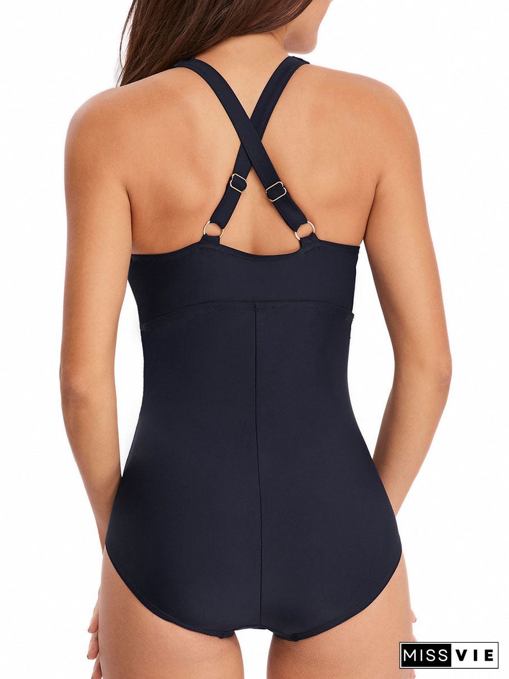 Women One Piece Swimsuits V-neck Cross Strap Ruched Swimwear