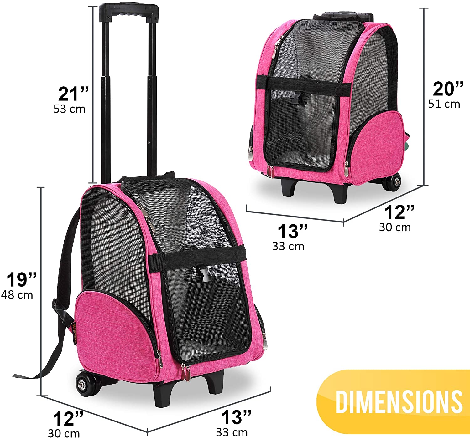 Deluxe Backpack Pet Travel Carrier with Double Wheels - Heather Pink - Approved by Most Airlines